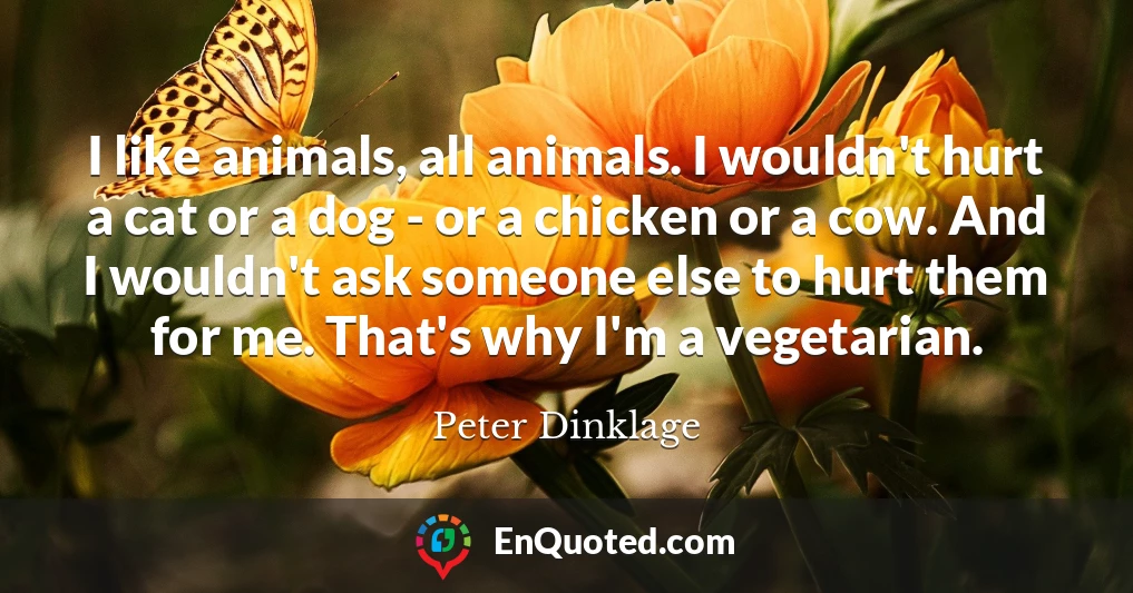 I like animals, all animals. I wouldn't hurt a cat or a dog - or a chicken or a cow. And I wouldn't ask someone else to hurt them for me. That's why I'm a vegetarian.