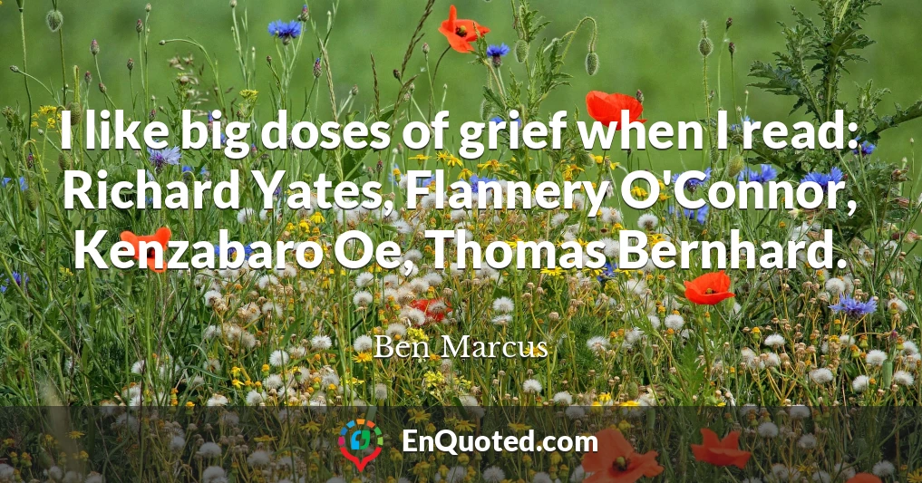 I like big doses of grief when I read: Richard Yates, Flannery O'Connor, Kenzabaro Oe, Thomas Bernhard.