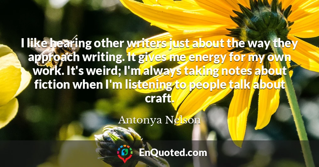 I like hearing other writers just about the way they approach writing. It gives me energy for my own work. It's weird; I'm always taking notes about fiction when I'm listening to people talk about craft.