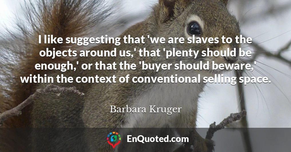I like suggesting that 'we are slaves to the objects around us,' that 'plenty should be enough,' or that the 'buyer should beware,' within the context of conventional selling space.