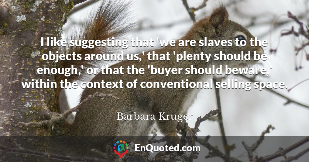 I like suggesting that 'we are slaves to the objects around us,' that 'plenty should be enough,' or that the 'buyer should beware,' within the context of conventional selling space.