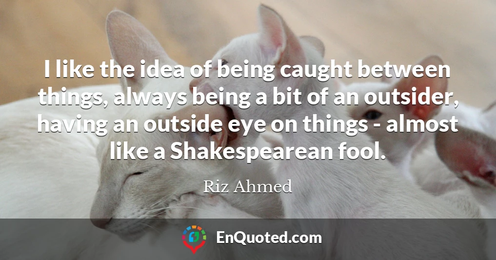 I like the idea of being caught between things, always being a bit of an outsider, having an outside eye on things - almost like a Shakespearean fool.