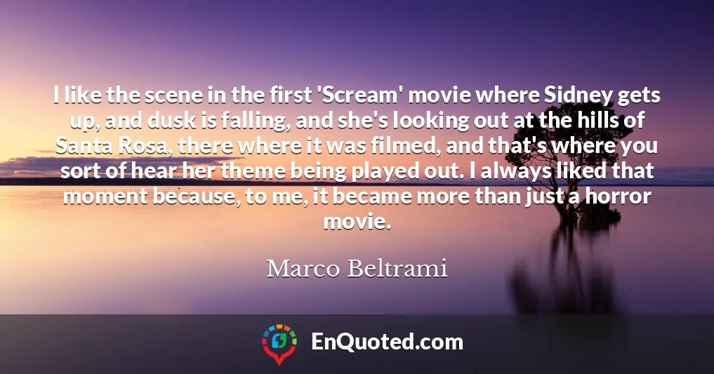 I like the scene in the first 'Scream' movie where Sidney gets up, and dusk is falling, and she's looking out at the hills of Santa Rosa, there where it was filmed, and that's where you sort of hear her theme being played out. I always liked that moment because, to me, it became more than just a horror movie.