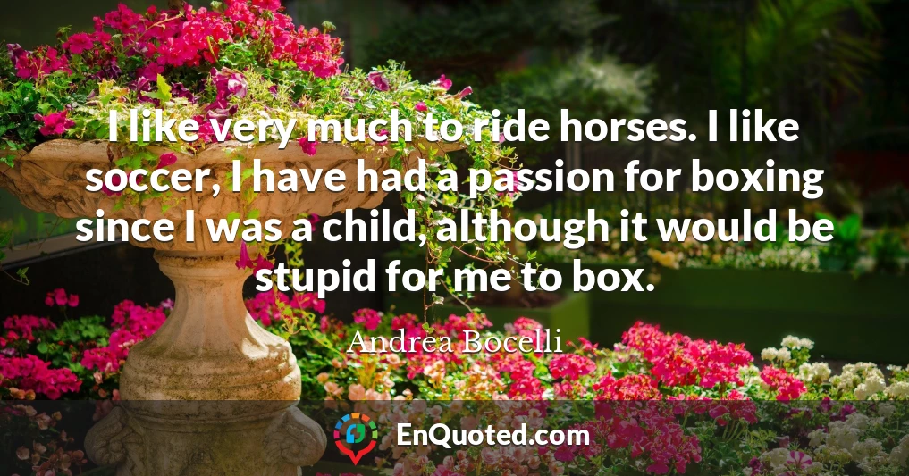 I like very much to ride horses. I like soccer, I have had a passion for boxing since I was a child, although it would be stupid for me to box.