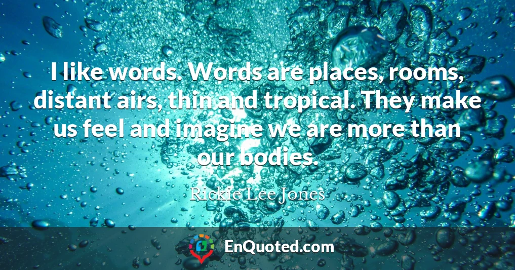 I like words. Words are places, rooms, distant airs, thin and tropical. They make us feel and imagine we are more than our bodies.