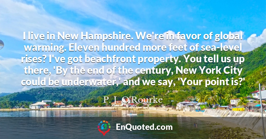 I live in New Hampshire. We're in favor of global warming. Eleven hundred more feet of sea-level rises? I've got beachfront property. You tell us up there, 'By the end of the century, New York City could be underwater,' and we say, 'Your point is?'