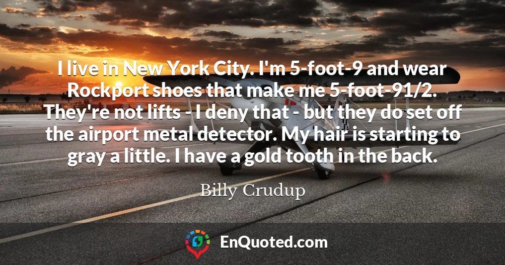 I live in New York City. I'm 5-foot-9 and wear Rockport shoes that make me 5-foot-91/2. They're not lifts - I deny that - but they do set off the airport metal detector. My hair is starting to gray a little. I have a gold tooth in the back.