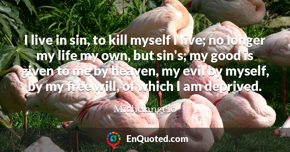 I live in sin, to kill myself I live; no longer my life my own, but sin's; my good is given to me by heaven, my evil by myself, by my free will, of which I am deprived.