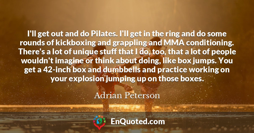 I'll get out and do Pilates. I'll get in the ring and do some rounds of kickboxing and grappling and MMA conditioning. There's a lot of unique stuff that I do, too, that a lot of people wouldn't imagine or think about doing, like box jumps. You get a 42-inch box and dumbbells and practice working on your explosion jumping up on those boxes.