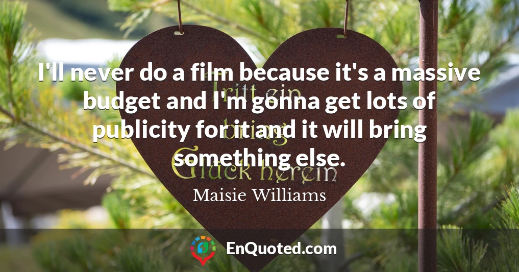 I'll never do a film because it's a massive budget and I'm gonna get lots of publicity for it and it will bring something else.