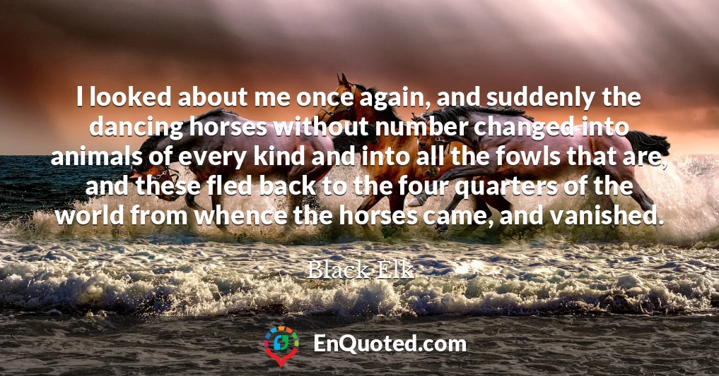 I looked about me once again, and suddenly the dancing horses without number changed into animals of every kind and into all the fowls that are, and these fled back to the four quarters of the world from whence the horses came, and vanished.