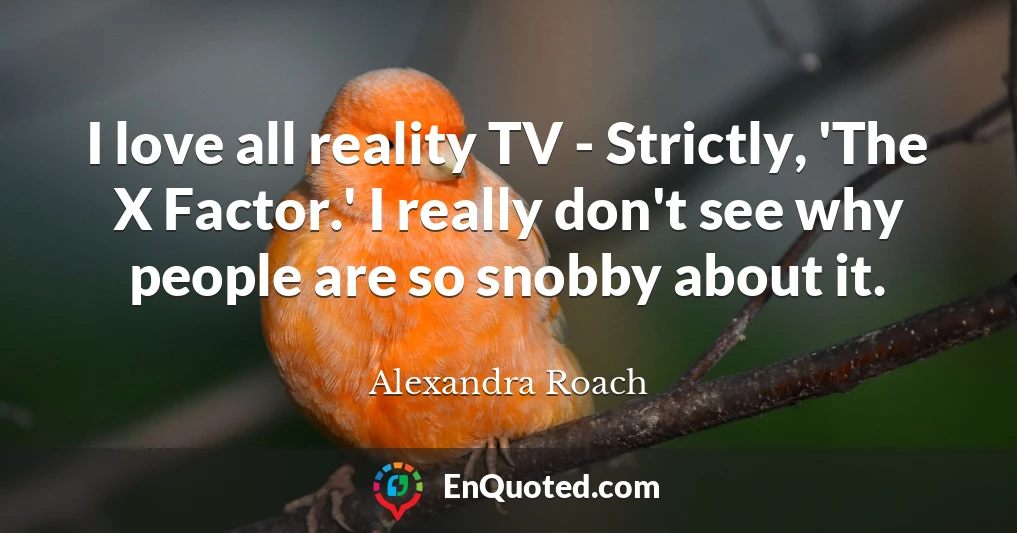 I love all reality TV - Strictly, 'The X Factor.' I really don't see why people are so snobby about it.