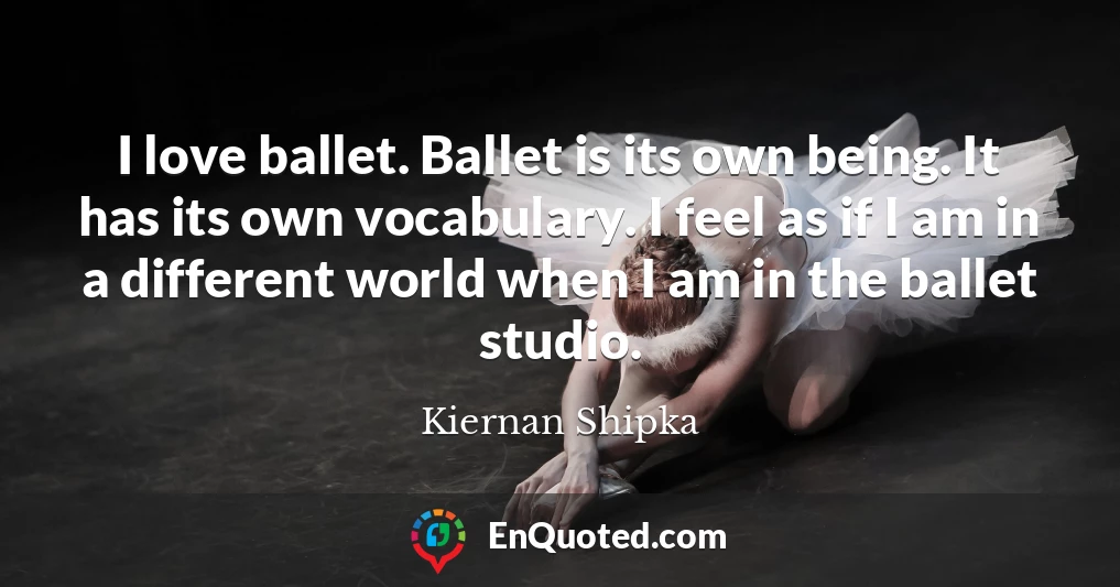I love ballet. Ballet is its own being. It has its own vocabulary. I feel as if I am in a different world when I am in the ballet studio.