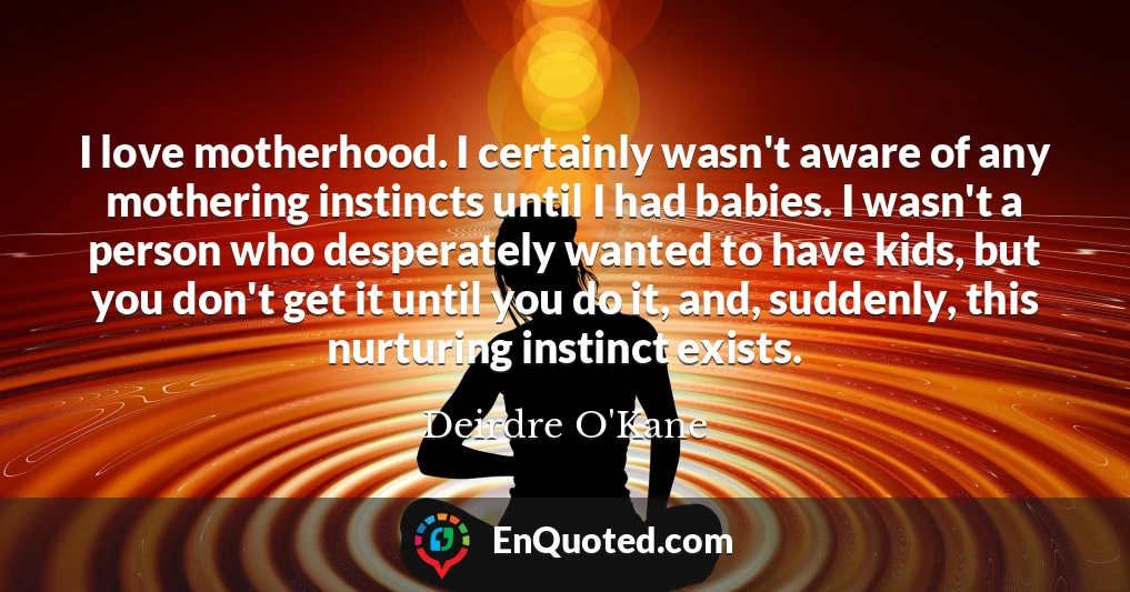 I love motherhood. I certainly wasn't aware of any mothering instincts until I had babies. I wasn't a person who desperately wanted to have kids, but you don't get it until you do it, and, suddenly, this nurturing instinct exists.