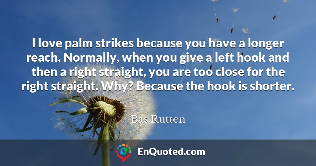 I love palm strikes because you have a longer reach. Normally, when you give a left hook and then a right straight, you are too close for the right straight. Why? Because the hook is shorter.