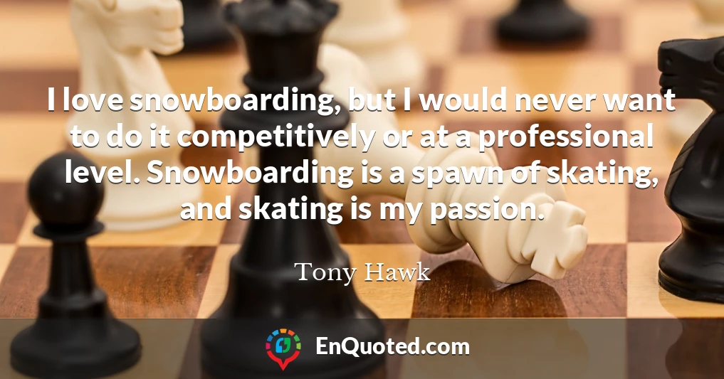 I love snowboarding, but I would never want to do it competitively or at a professional level. Snowboarding is a spawn of skating, and skating is my passion.