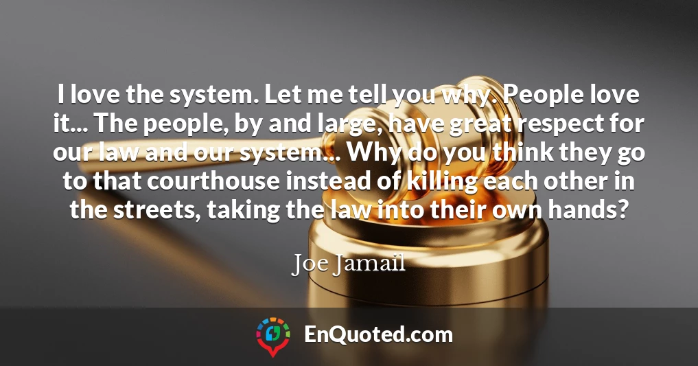 I love the system. Let me tell you why. People love it... The people, by and large, have great respect for our law and our system... Why do you think they go to that courthouse instead of killing each other in the streets, taking the law into their own hands?