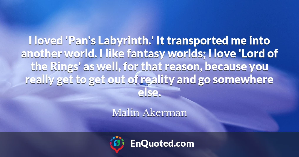 I loved 'Pan's Labyrinth.' It transported me into another world. I like fantasy worlds; I love 'Lord of the Rings' as well, for that reason, because you really get to get out of reality and go somewhere else.