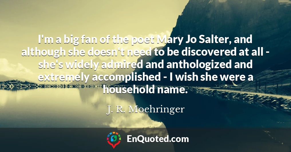 I'm a big fan of the poet Mary Jo Salter, and although she doesn't need to be discovered at all - she's widely admired and anthologized and extremely accomplished - I wish she were a household name.