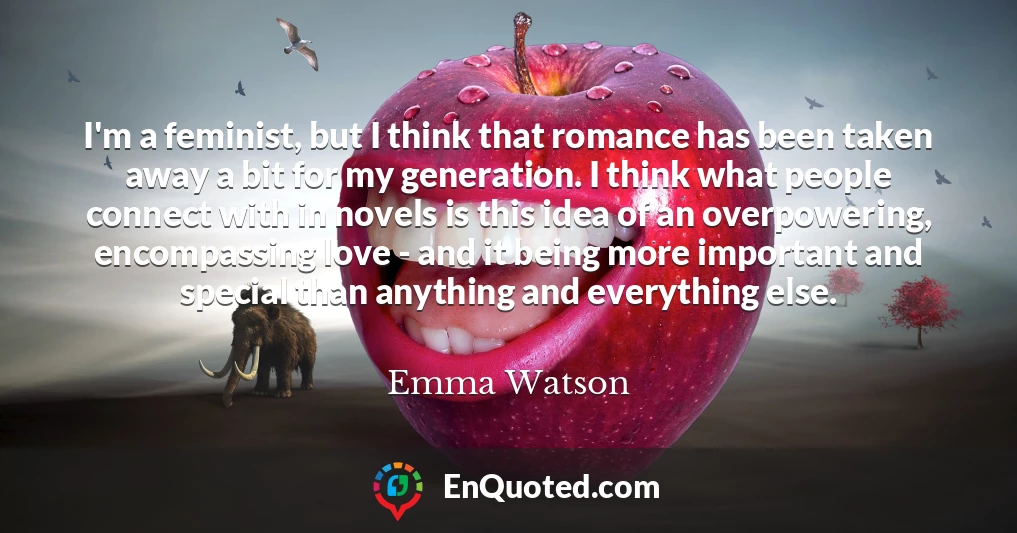 I'm a feminist, but I think that romance has been taken away a bit for my generation. I think what people connect with in novels is this idea of an overpowering, encompassing love - and it being more important and special than anything and everything else.