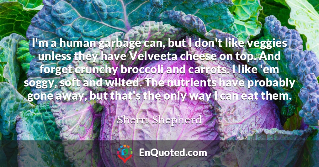 I'm a human garbage can, but I don't like veggies unless they have Velveeta cheese on top. And forget crunchy broccoli and carrots. I like 'em soggy, soft and wilted. The nutrients have probably gone away, but that's the only way I can eat them.