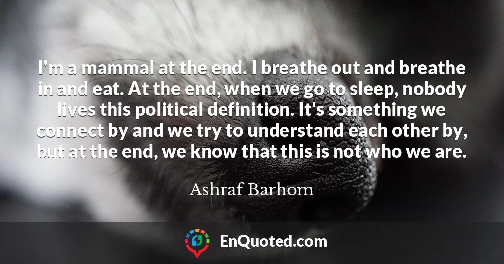 I'm a mammal at the end. I breathe out and breathe in and eat. At the end, when we go to sleep, nobody lives this political definition. It's something we connect by and we try to understand each other by, but at the end, we know that this is not who we are.
