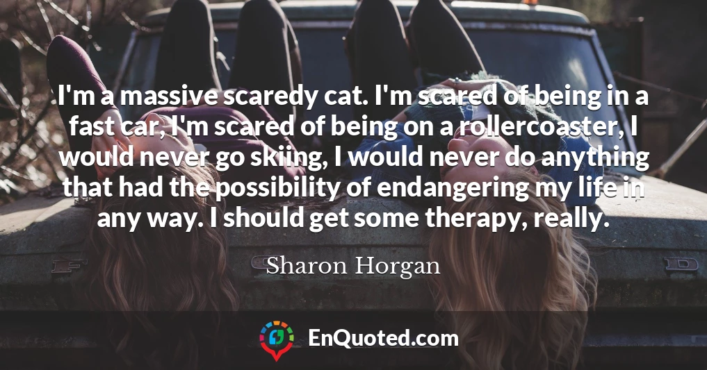 I'm a massive scaredy cat. I'm scared of being in a fast car, I'm scared of being on a rollercoaster, I would never go skiing, I would never do anything that had the possibility of endangering my life in any way. I should get some therapy, really.