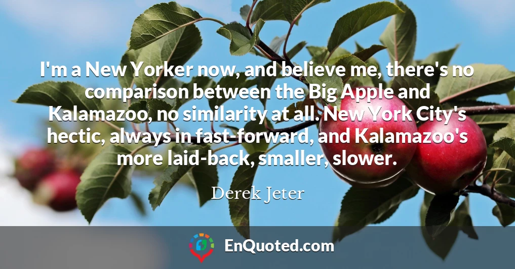 I'm a New Yorker now, and believe me, there's no comparison between the Big Apple and Kalamazoo, no similarity at all. New York City's hectic, always in fast-forward, and Kalamazoo's more laid-back, smaller, slower.