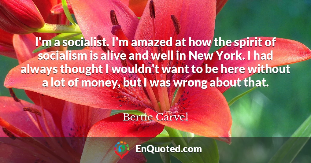 I'm a socialist. I'm amazed at how the spirit of socialism is alive and well in New York. I had always thought I wouldn't want to be here without a lot of money, but I was wrong about that.