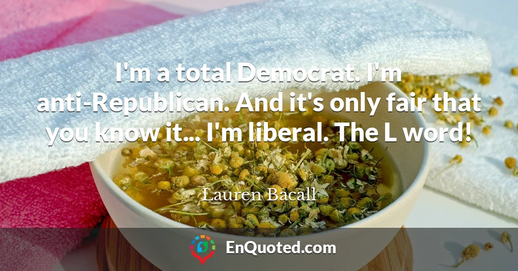 I'm a total Democrat. I'm anti-Republican. And it's only fair that you know it... I'm liberal. The L word!