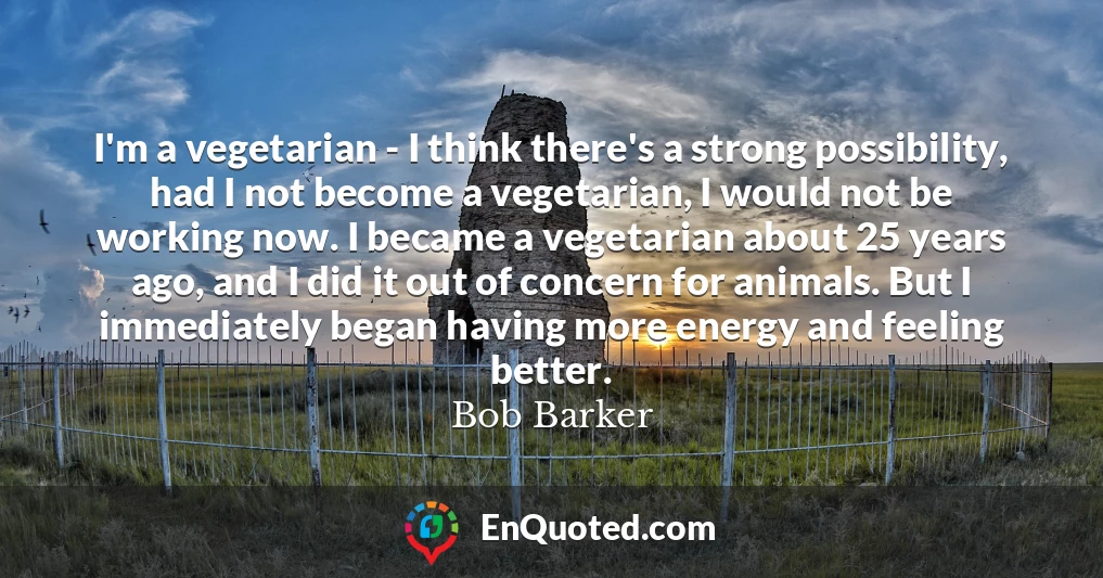 I'm a vegetarian - I think there's a strong possibility, had I not become a vegetarian, I would not be working now. I became a vegetarian about 25 years ago, and I did it out of concern for animals. But I immediately began having more energy and feeling better.