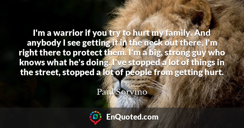 I'm a warrior if you try to hurt my family. And anybody I see getting it in the neck out there, I'm right there to protect them. I'm a big, strong guy who knows what he's doing. I've stopped a lot of things in the street, stopped a lot of people from getting hurt.