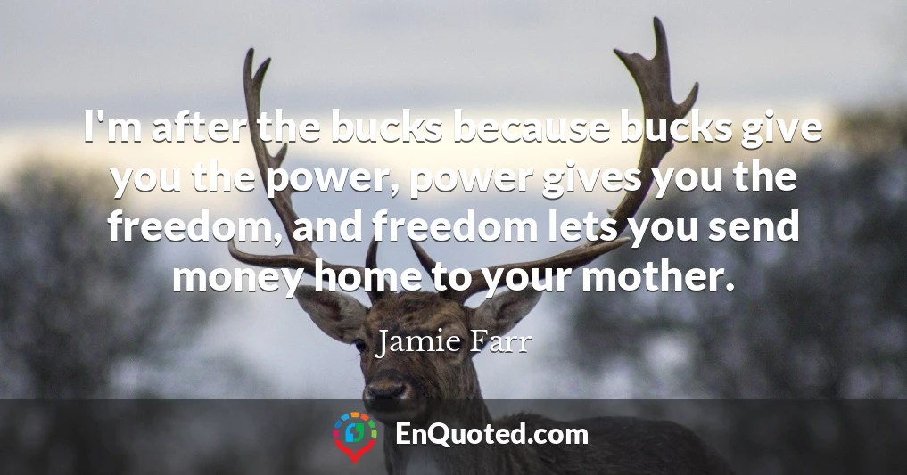 I'm after the bucks because bucks give you the power, power gives you the freedom, and freedom lets you send money home to your mother.