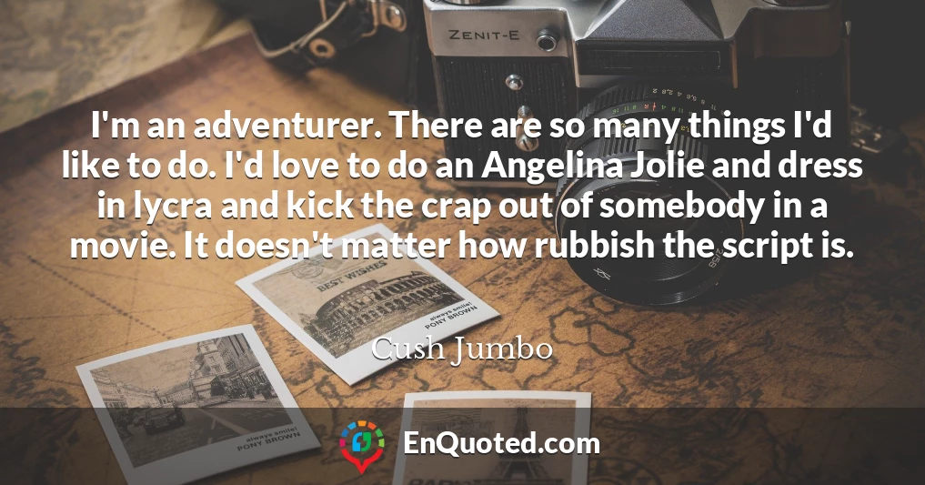 I'm an adventurer. There are so many things I'd like to do. I'd love to do an Angelina Jolie and dress in lycra and kick the crap out of somebody in a movie. It doesn't matter how rubbish the script is.