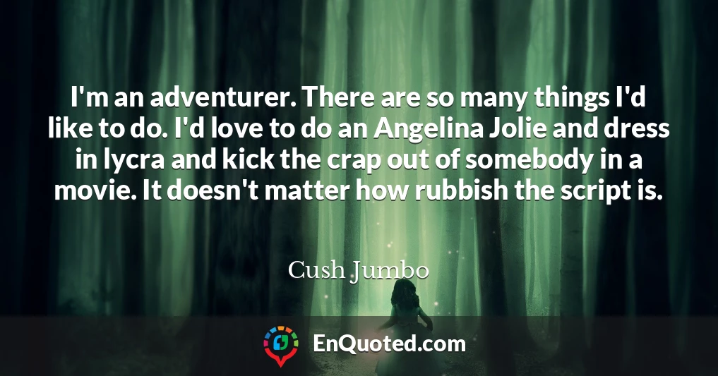 I'm an adventurer. There are so many things I'd like to do. I'd love to do an Angelina Jolie and dress in lycra and kick the crap out of somebody in a movie. It doesn't matter how rubbish the script is.