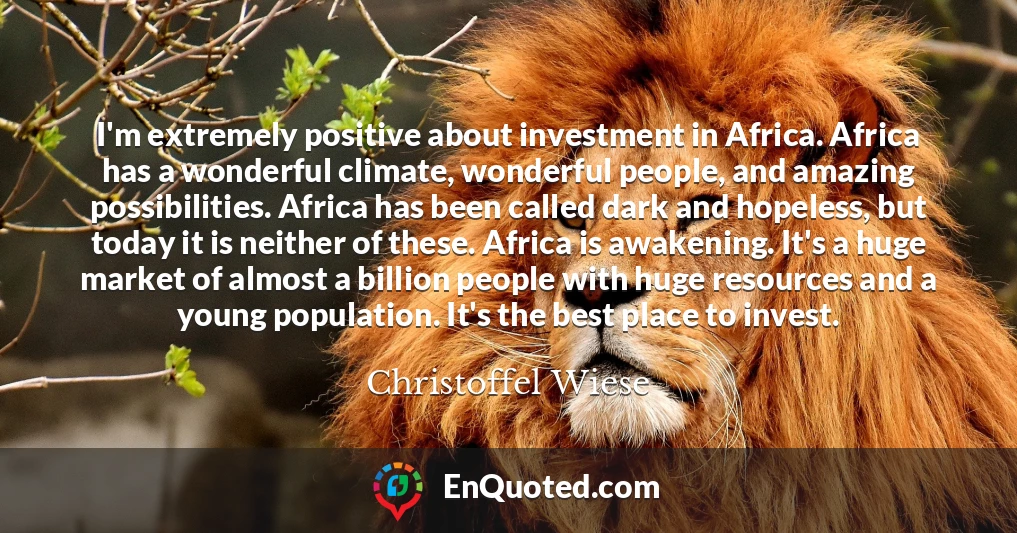 I'm extremely positive about investment in Africa. Africa has a wonderful climate, wonderful people, and amazing possibilities. Africa has been called dark and hopeless, but today it is neither of these. Africa is awakening. It's a huge market of almost a billion people with huge resources and a young population. It's the best place to invest.