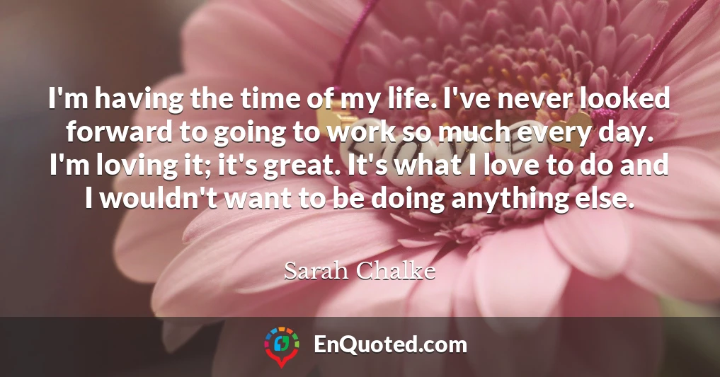 I'm having the time of my life. I've never looked forward to going to work so much every day. I'm loving it; it's great. It's what I love to do and I wouldn't want to be doing anything else.