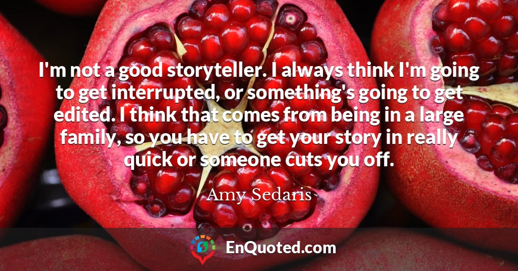 I'm not a good storyteller. I always think I'm going to get interrupted, or something's going to get edited. I think that comes from being in a large family, so you have to get your story in really quick or someone cuts you off.