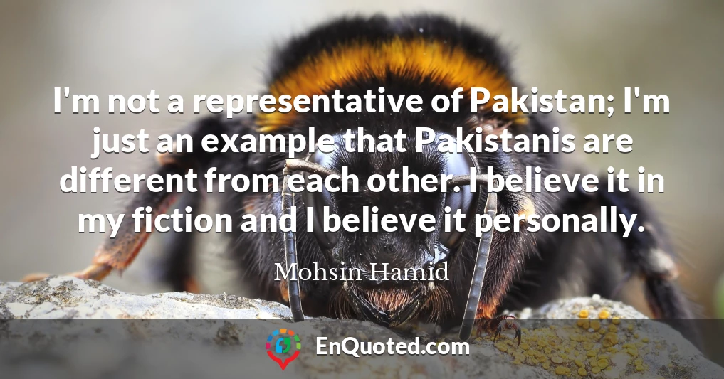 I'm not a representative of Pakistan; I'm just an example that Pakistanis are different from each other. I believe it in my fiction and I believe it personally.