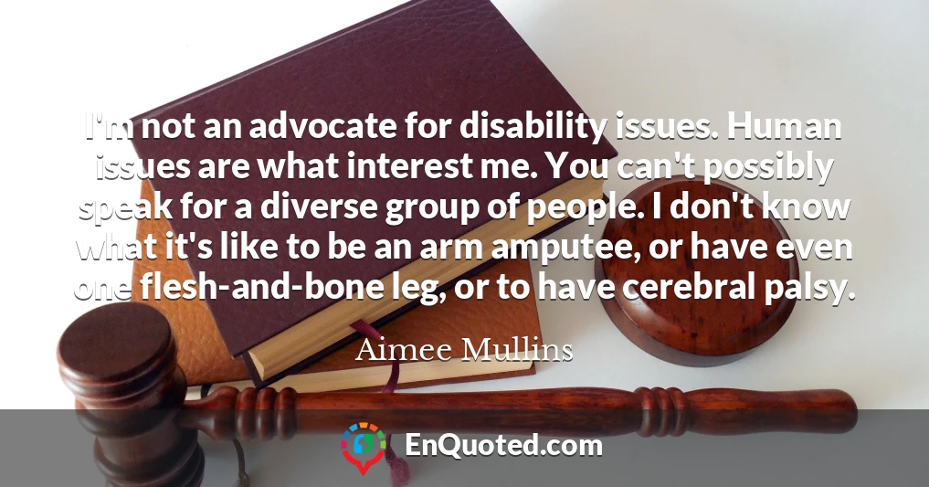 I'm not an advocate for disability issues. Human issues are what interest me. You can't possibly speak for a diverse group of people. I don't know what it's like to be an arm amputee, or have even one flesh-and-bone leg, or to have cerebral palsy.