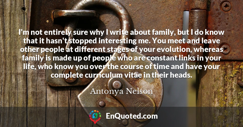 I'm not entirely sure why I write about family, but I do know that it hasn't stopped interesting me. You meet and leave other people at different stages of your evolution, whereas family is made up of people who are constant links in your life, who know you over the course of time and have your complete curriculum vitae in their heads.