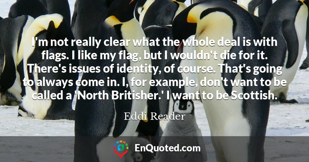 I'm not really clear what the whole deal is with flags. I like my flag, but I wouldn't die for it. There's issues of identity, of course. That's going to always come in. I, for example, don't want to be called a 'North Britisher.' I want to be Scottish.