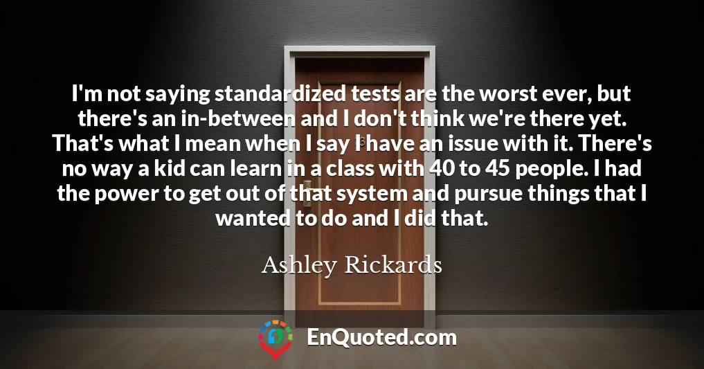 I'm not saying standardized tests are the worst ever, but there's an in-between and I don't think we're there yet. That's what I mean when I say I have an issue with it. There's no way a kid can learn in a class with 40 to 45 people. I had the power to get out of that system and pursue things that I wanted to do and I did that.
