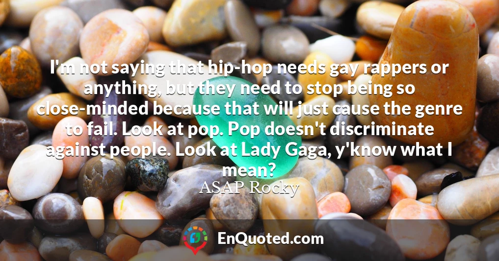 I'm not saying that hip-hop needs gay rappers or anything, but they need to stop being so close-minded because that will just cause the genre to fail. Look at pop. Pop doesn't discriminate against people. Look at Lady Gaga, y'know what I mean?