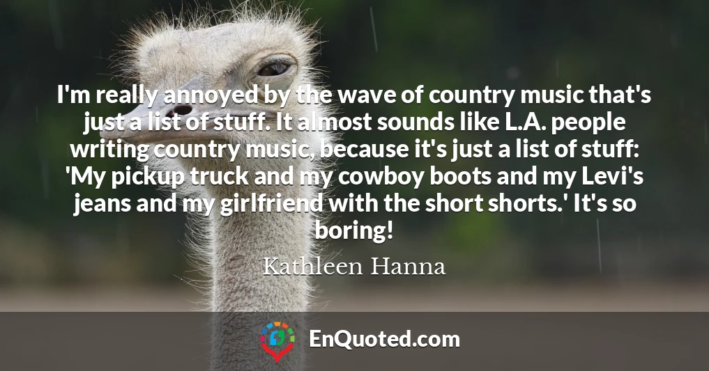 I'm really annoyed by the wave of country music that's just a list of stuff. It almost sounds like L.A. people writing country music, because it's just a list of stuff: 'My pickup truck and my cowboy boots and my Levi's jeans and my girlfriend with the short shorts.' It's so boring!
