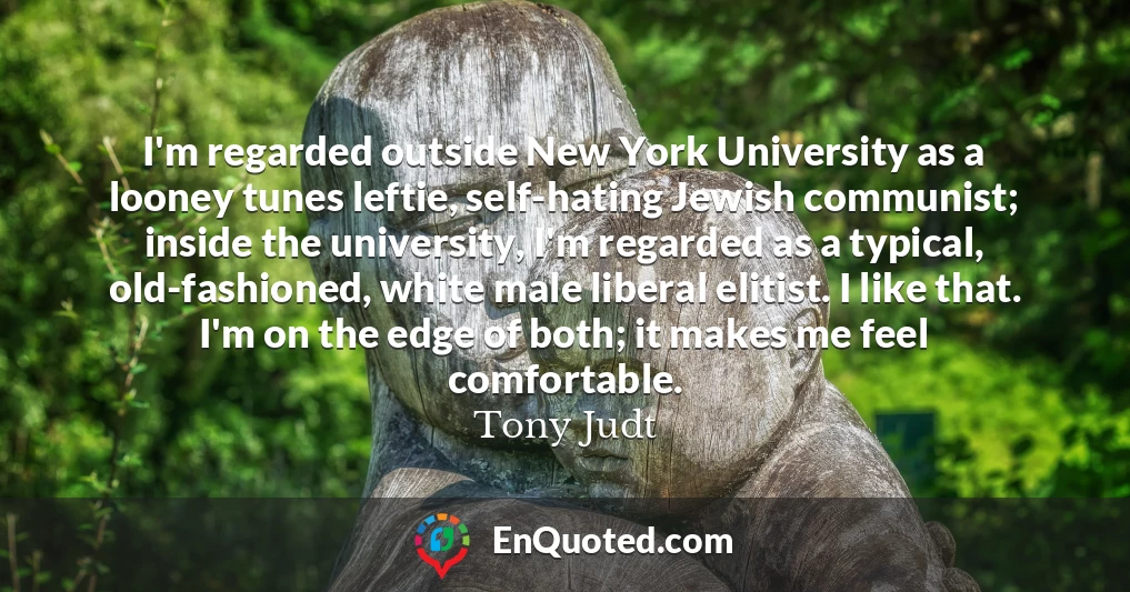I'm regarded outside New York University as a looney tunes leftie, self-hating Jewish communist; inside the university, I'm regarded as a typical, old-fashioned, white male liberal elitist. I like that. I'm on the edge of both; it makes me feel comfortable.