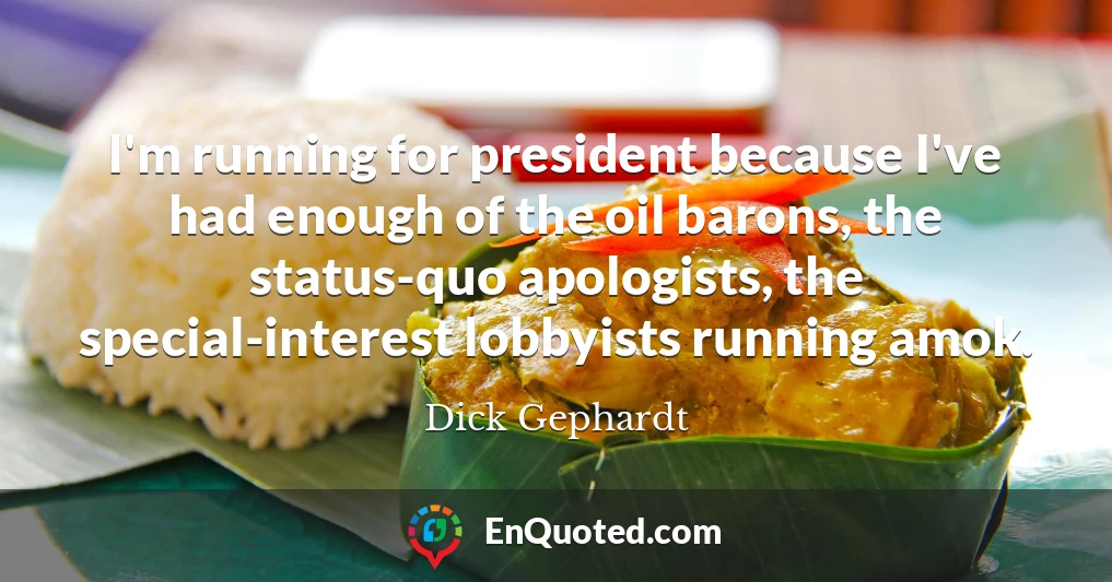 I'm running for president because I've had enough of the oil barons, the status-quo apologists, the special-interest lobbyists running amok.