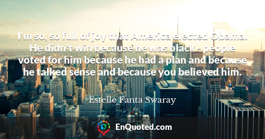 I'm so, so full of joy that America elected Obama. He didn't win because he was black - people voted for him because he had a plan and because he talked sense and because you believed him.
