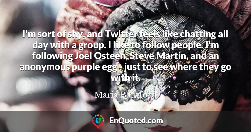 I'm sort of shy, and Twitter feels like chatting all day with a group. I like to follow people. I'm following Joel Osteen, Steve Martin, and an anonymous purple egg - just to see where they go with it.