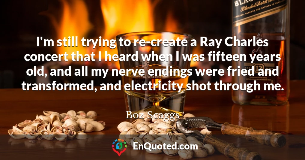 I'm still trying to re-create a Ray Charles concert that I heard when I was fifteen years old, and all my nerve endings were fried and transformed, and electricity shot through me.